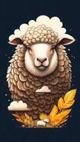 Illustration of a sheep on a dark background with leaves and clouds. photo
