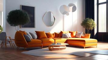 modern bright interiors apartment Living room 3D rendering illustration computer generated image. photo