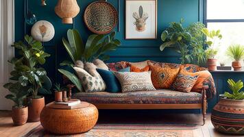 Interior of living room with sofa, pillows and plants. photo