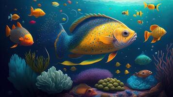 Underwater scene with fish and coral reef. Vector cartoon illustration. photo