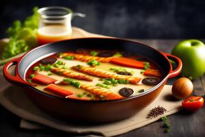 Vegetable soup with carrot, onion and mushrooms in a bowl. 3d render. photo