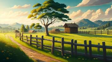 Beautiful rural landscape with wooden fence and meadow, 3d render. photo