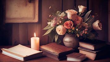 todavía vida con libros, flores y velas en un de madera antecedentes. ai generado foto