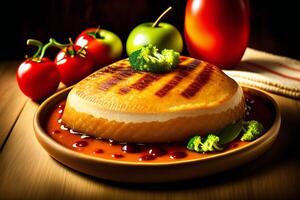 cheese cake with red sauce and fresh vegetables on a wooden table. photo