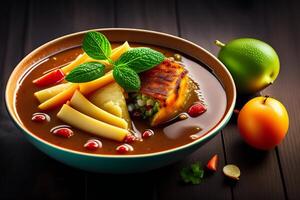 Bowl of goulash soup with vegetables and cheese on dark wooden background. photo