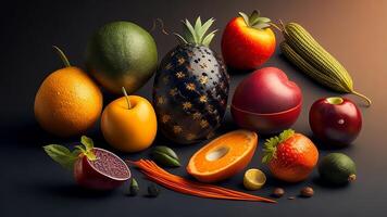 Fruits and vegetables on a dark background. 3d illustration. photo