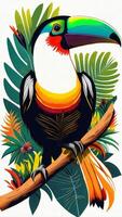 Toucan on the branch of a palm tree, vector illustration. photo