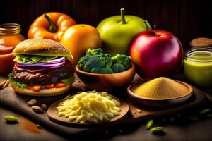 sano comiendo concepto con Fresco vegetales y hamburguesa en de madera antecedentes. ai generado foto