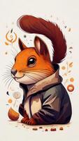 Squirrel in a raincoat with autumn leaves. Vector illustration. photo