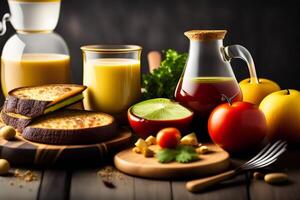 sano desayuno con jugo, un pan y vegetales en oscuro de madera antecedentes. ai generado foto