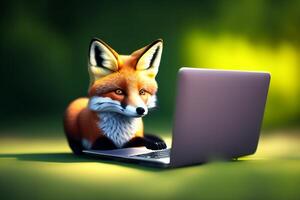 Cute fox with laptop on green background. 3D rendering. photo