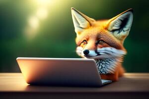 Cute fox with laptop on green background. 3D rendering. ai generated photo