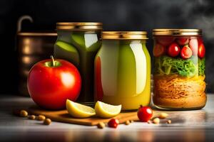 Canned vegetables in glass jars on a wooden table with ingredients. photo