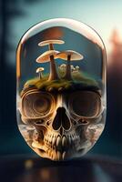 Human skull in a glass jar. 3D illustration. photo