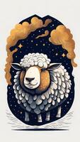 Illustration of a cute sheep on the background of the night sky. photo