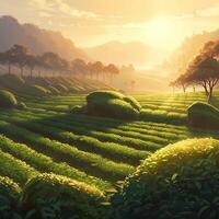 Beauty of Sunlit Tea Fields in a Serene and Tranquil Rural Landscape. photo