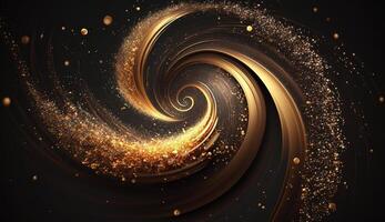 Explosion and swirl of gold sparkles background. photo