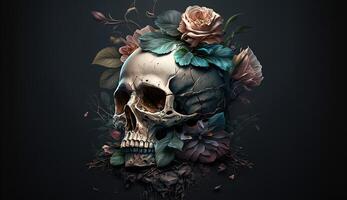 Skull with roses. Human Skull in Beautiful Flowers. Halloween images. Day of the Dead. photo