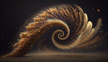 Explosion and swirl of gold sparkles background. photo