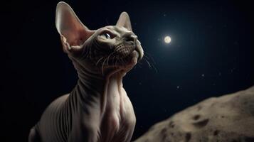 The Enchanting Sphinx Cat Gazing at the Mystical Moon and Starry Sky. photo