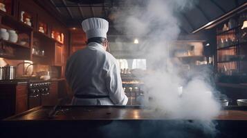 el Maestro cocinero en acción, creando culinario magia en medio de fumar y llamas en el restaurante cocina. generativo ai foto