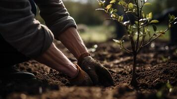 Person Planting Trees in a Community Garden to Promote Local Food Production and Habitat Restoration. photo