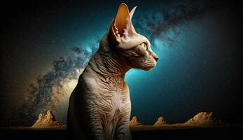 el encantador esfinge gato mirando a el místico Luna y estrellado cielo. generativo ai foto