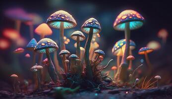 luminoso vistoso hongos en un psicodélico espacio fantasía. generativo ai foto