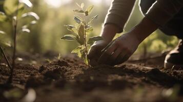 persona plantando arboles en un comunidad jardín a promover local comida producción y habitat restauracion. generativo ai foto