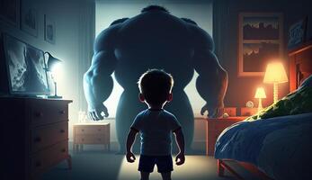 Facing Fears, Brave Kid Confronts Nightmares and Imaginary Monsters. photo