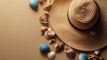A Summer Flat Lay of Shells and a Hat on the Beach. photo
