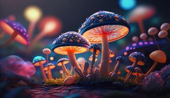 Luminous Colorful Mushrooms in a Psychedelic Space Fantasy. photo