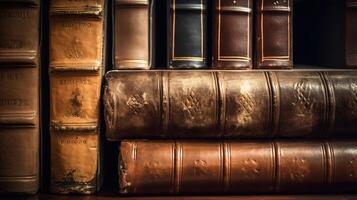 A Stack of Antique Leather Books in a Vintage Library. photo