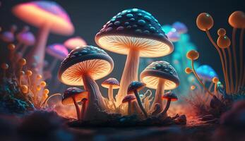 Luminous Colorful Mushrooms in a Psychedelic Space Fantasy. photo