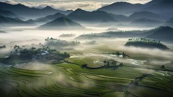 Majestic Mountains and Misty Paddy Fields. photo