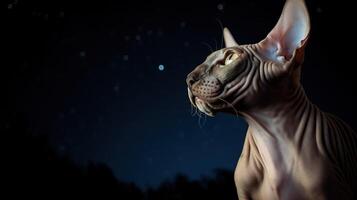 The Enchanting Sphinx Cat Gazing at the Mystical Moon and Starry Sky. photo