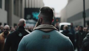 Back view of a man. The crowd gathered to protest. photo