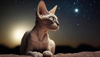 The Enchanting Sphinx Cat Gazing at the Mystical Moon and Starry Sky. photo