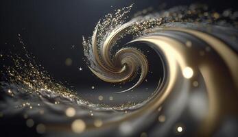 Explosion and swirl of gold sparkles background. photo