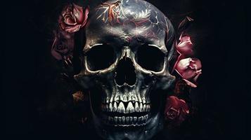 Skull with roses. Human Skull in Beautiful Flowers. Halloween images. Day of the Dead. Generative ai photo