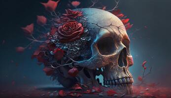 Skull with roses. Human Skull in Beautiful Flowers. Halloween images. Day of the Dead. photo