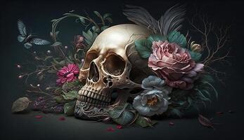 Skull with roses. Human Skull in Beautiful Flowers. Halloween images. Day of the Dead. photo