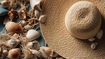 un verano plano laico de conchas y un sombrero en el playa. generativo ai foto