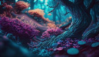 A Fantasy Forest with Glowing Trees and Luminescent Flowers. photo