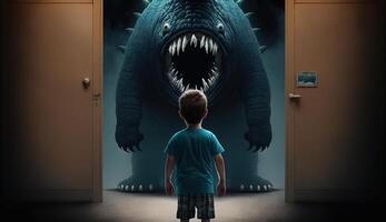 Facing Fears, Brave Kid Confronts Nightmares and Imaginary Monsters. photo