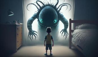 Facing Fears, Brave Kid Confronts Nightmares and Imaginary Monsters. photo