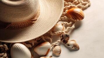 un verano plano laico de conchas y un sombrero en el playa. generativo ai foto