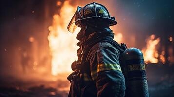 el heroico bombero luchando un épico resplandor. generativo ai foto