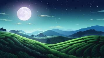 A Breathtaking View of Moonlit Tea Fields Against the Majestic Backdrop of the Starry Night Sky. photo