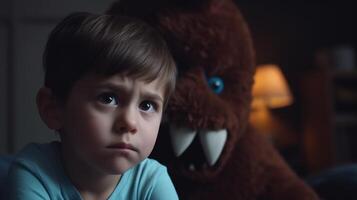 Facing Fears, Brave Kid Confronts Nightmares and Imaginary Monsters. photo